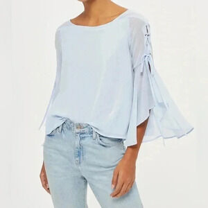 Topshop Eyelet Lace Up Fluted Sleeves Sheer Blouse Top Light Blue Size Small